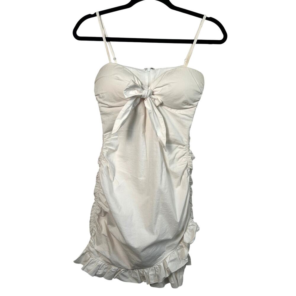 Tiger Mist White Ruffle Hem Sweetheart Mini Dress Size S Ruched Bow Cotton Sexy